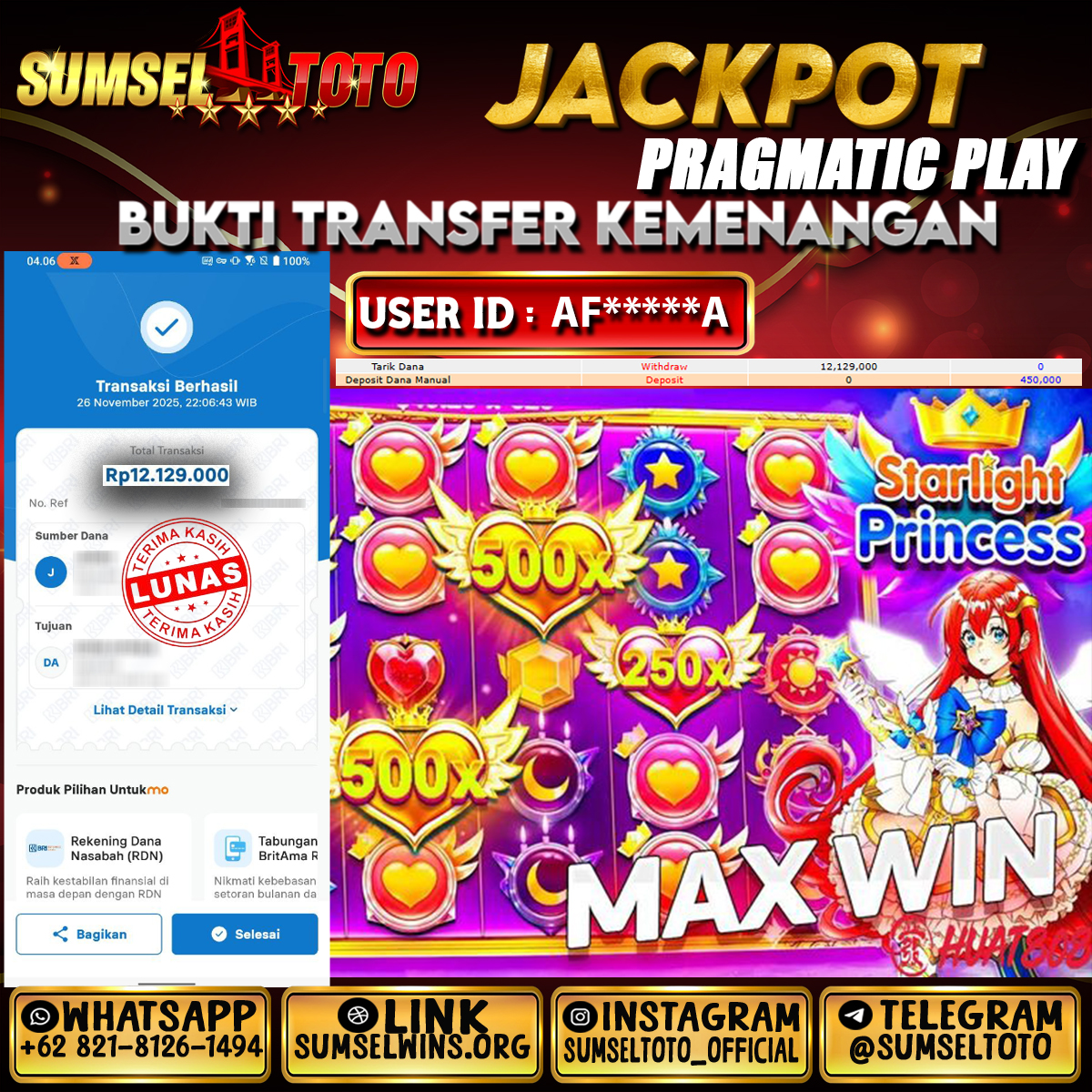 SUMSELTOTO JACKPOT SLOT STARLIGHT PRINCESS Rp.12,129,000.,- LUNAS